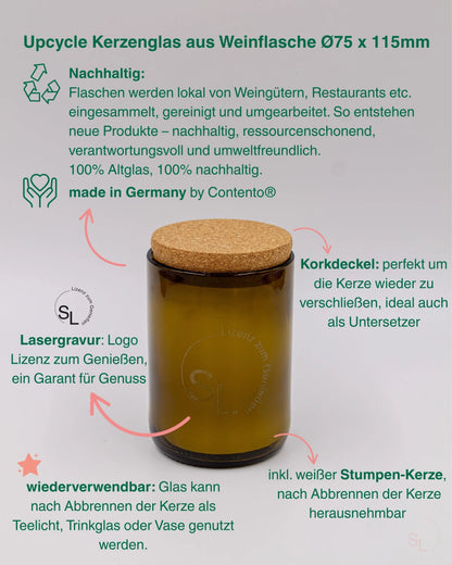 UPCYCLE Kerzenglas aus Weinflasche mit Korkdeckel Lizenz zum Genießen